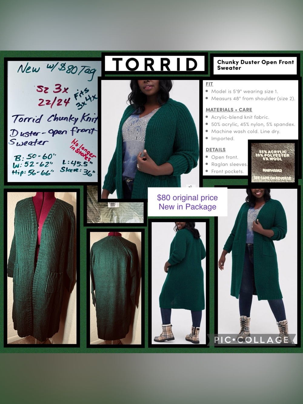 $80 Sz 3x fits 3x 4x ⭐️NEW Torrid Green Chunky Raglan Sleeves Duster Cardigan